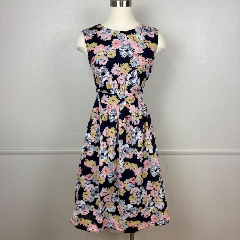Emily and Fin Lucy Dress Fit & Flare Floral Midi Size M Retro Blue Pink Cotton
